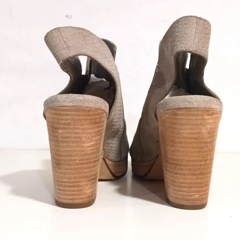 Eileen Fisher Taupe Thatched Suede Wood Stacked Statement heel size 9.5